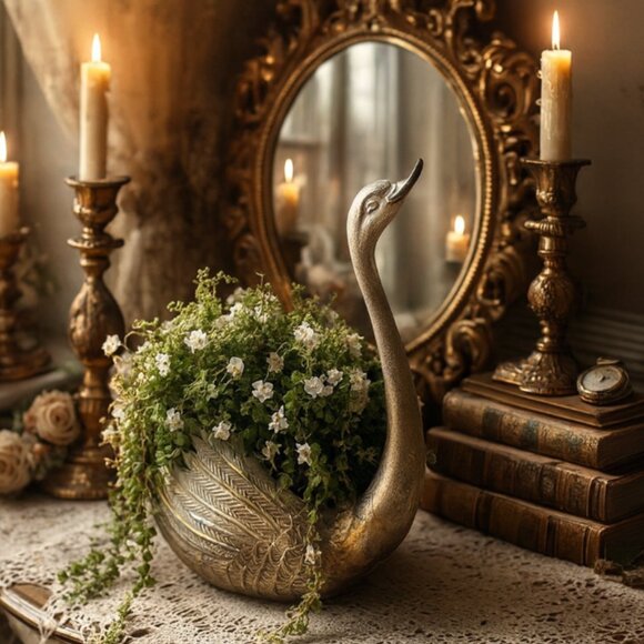 NWT Vintage Large Brassy Swan Planter Rustic Style Distressed Look Flower Pot - Picture 1 of 12